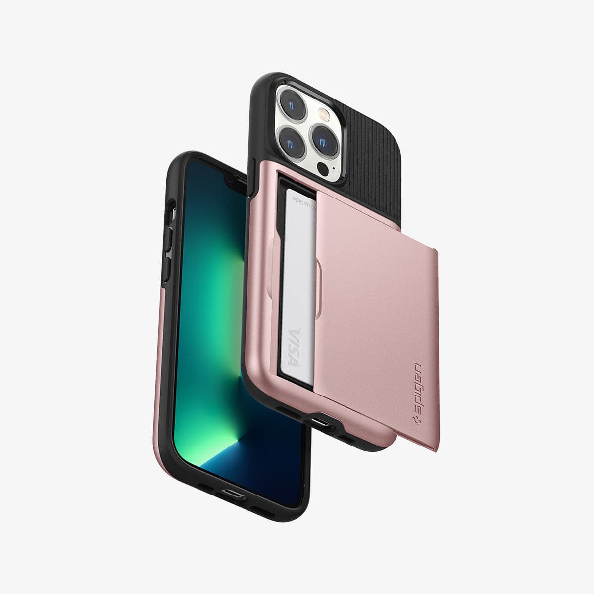 ACS03275 - iPhone 13 Pro Case Slim Armor CS in rose gold showing the back, front and sides with card in slot
