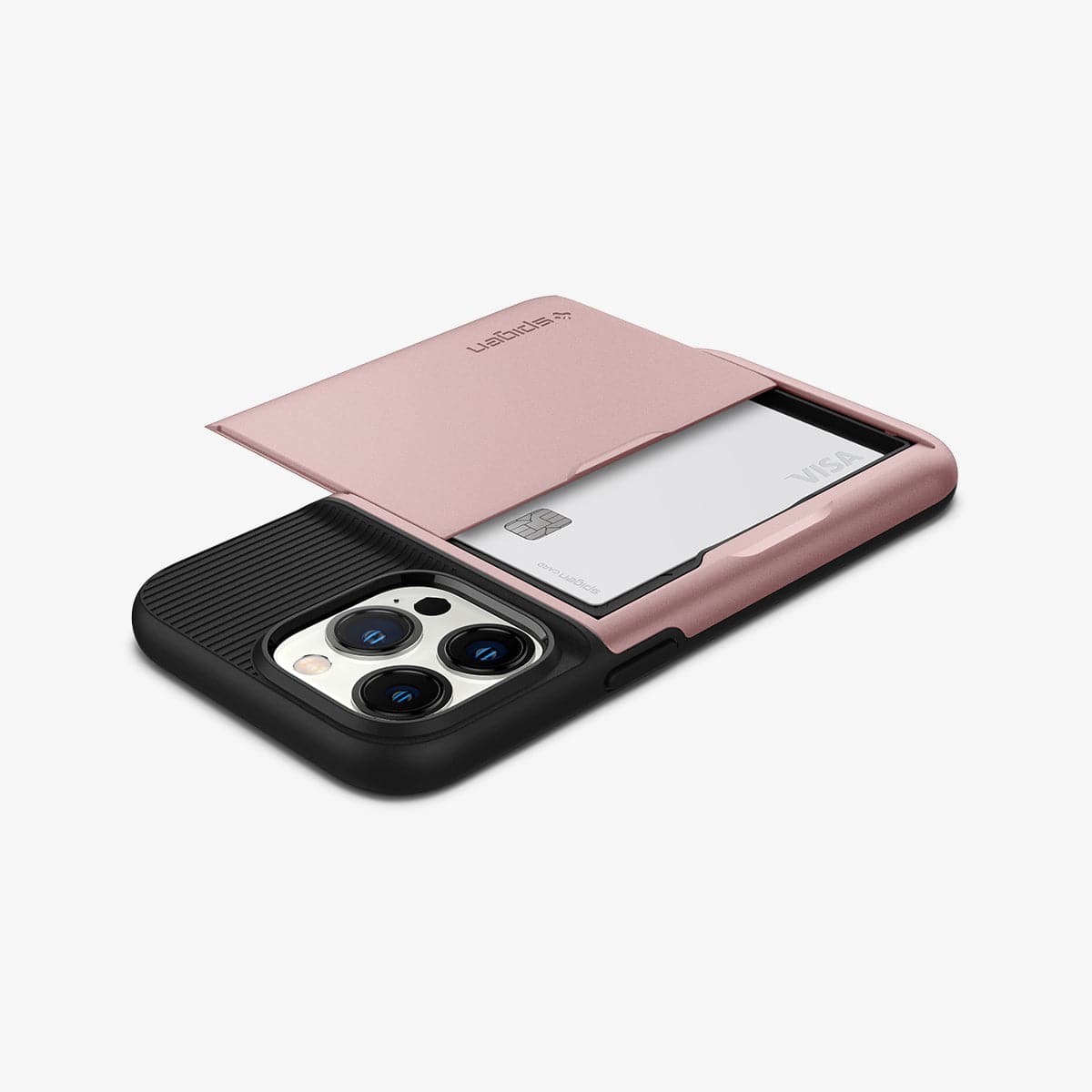 ACS03275 - iPhone 13 Pro Case Slim Armor CS in rose gold showing the back, side and top with card in slot