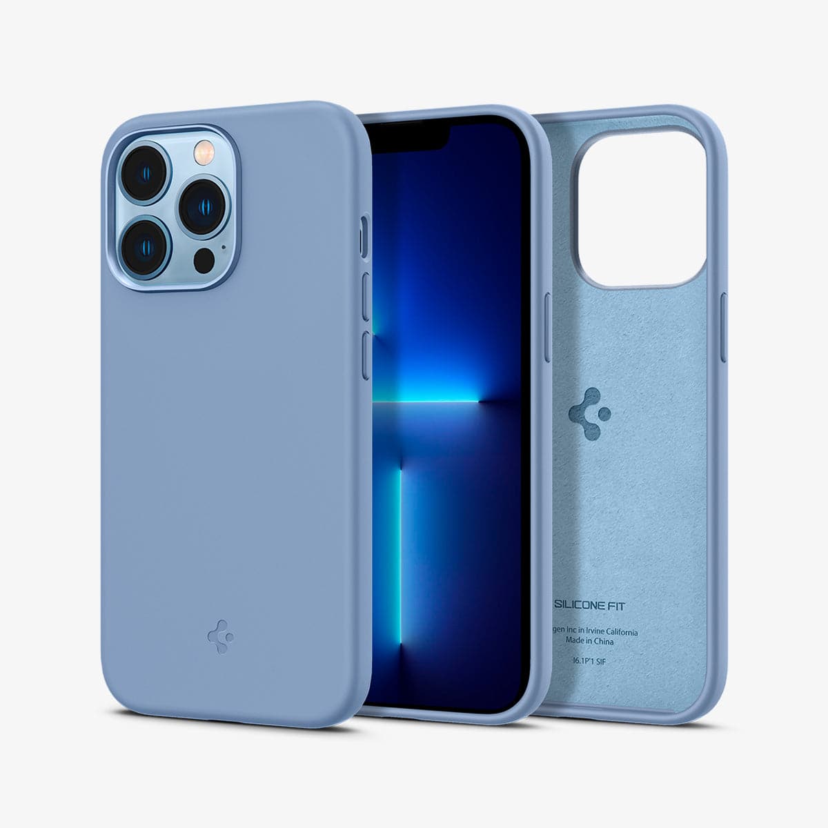 ACS03908 - iPhone 13 Pro Case Silicone Fit in sierra blue showing the back, front and inside
