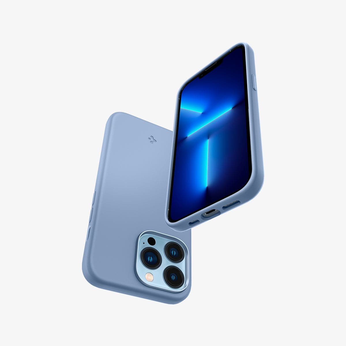 ACS03908 - iPhone 13 Pro Case Silicone Fit in sierra blue showing the back, front, bottom and side