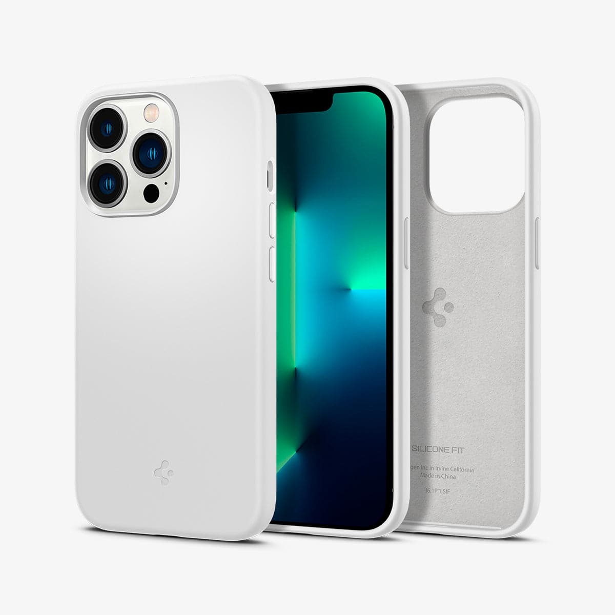 ACS03284 - iPhone 13 Pro Case Silicone Fit in white showing the back, front and inside