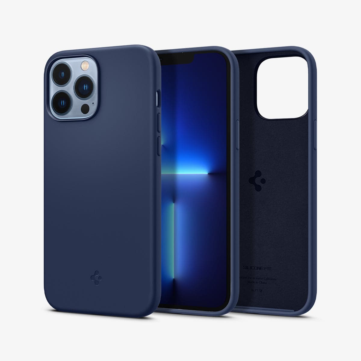 ACS03230 - iPhone 13 Pro Max Case Silicone Fit in navy blue showing the back, front and inside of case