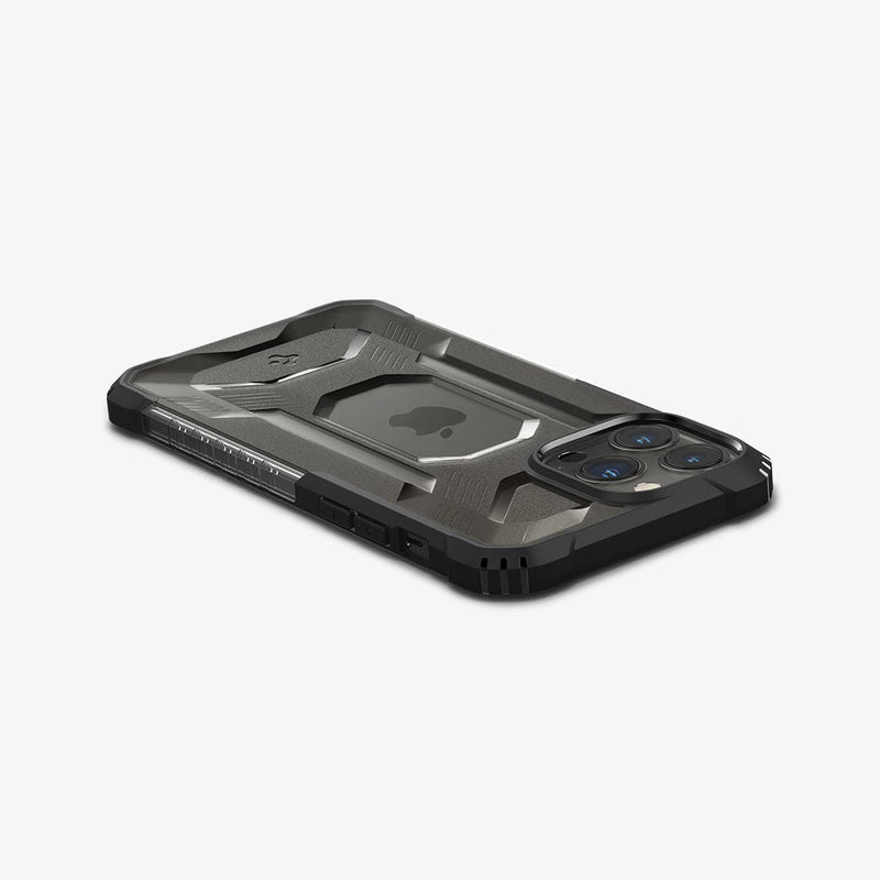 ACS03227 - iPhone 13 Pro Max Case Nitro Force in matte black showing the back, top and side with device laying flat