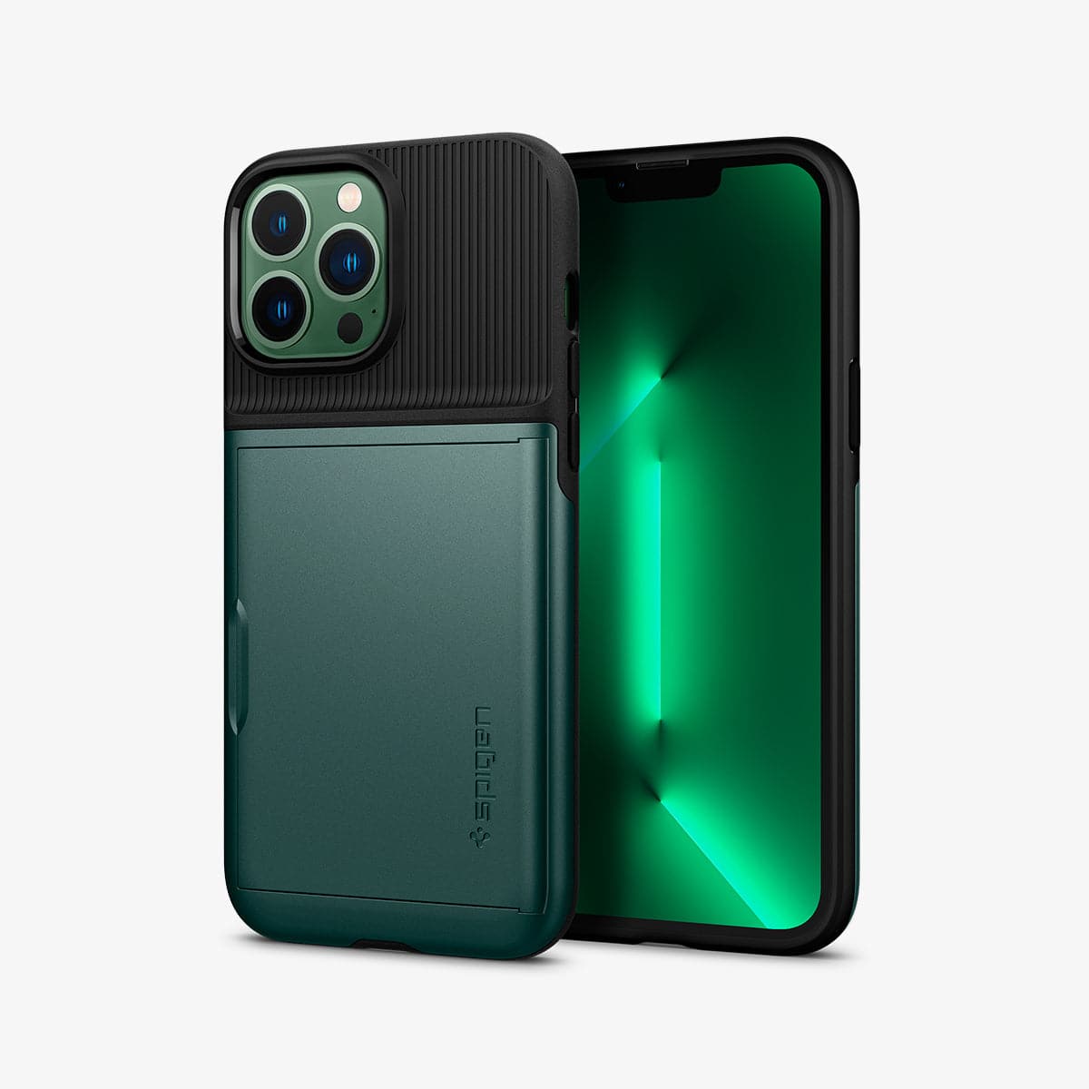 ACS04559 - iPhone 13 Pro Max Case Slim Armor CS in midnight green showing the back and front