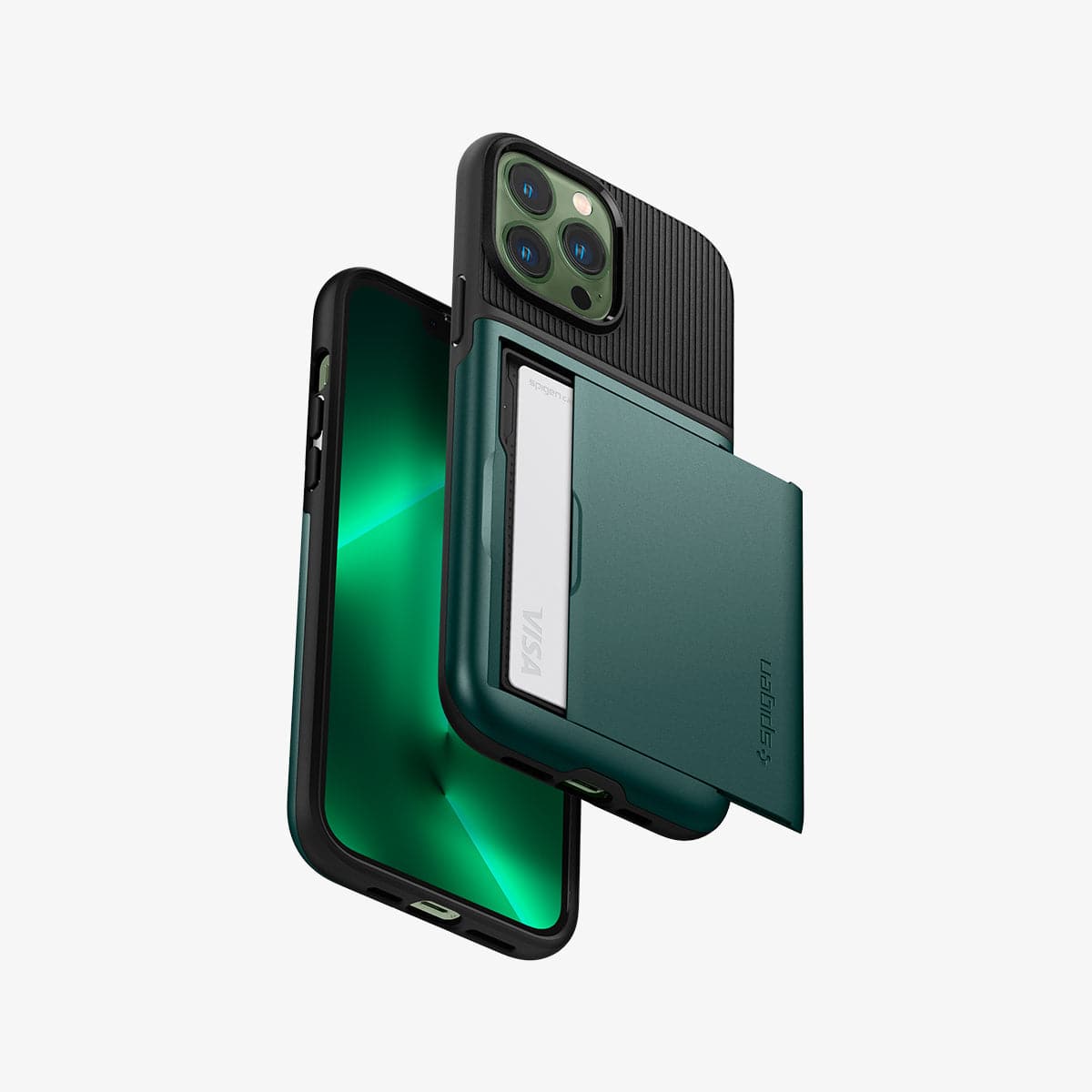 ACS04559 - iPhone 13 Pro Max Case Slim Armor CS in midnight green showing the back, front and sides with card in slot