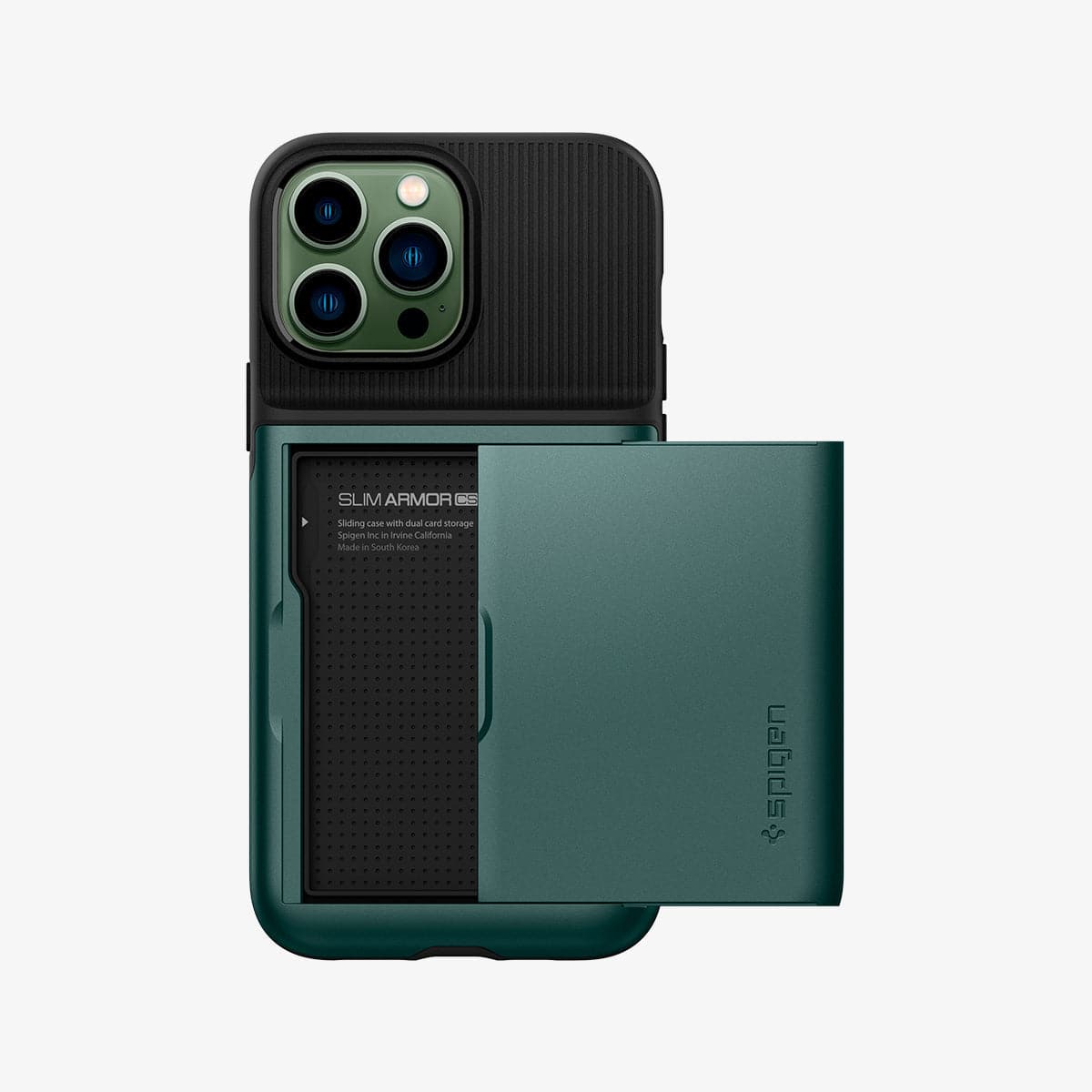 ACS04559 - iPhone 13 Pro Max Case Slim Armor CS in midnight green showing the back with card slot open