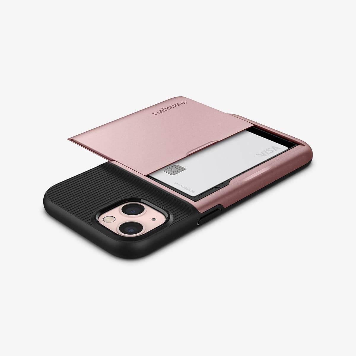 ACS03537 - iPhone 13 Case Slim Armor CS in rose gold showing the back, side and top with card in slot