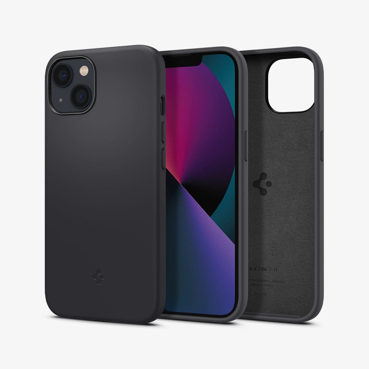 ACS03339 - iPhone 13 Mini Case Silicone Fit in black showing the back, front and inside