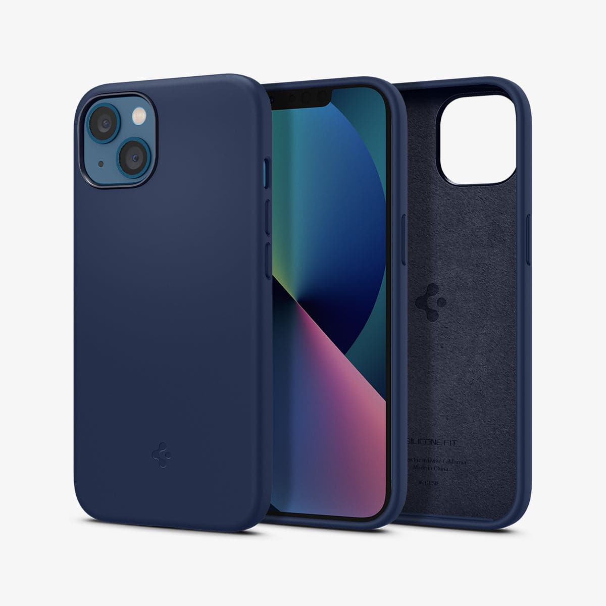 ACS03341 - iPhone 13 Mini Case Silicone Fit in navy blue showing the back, front and inside