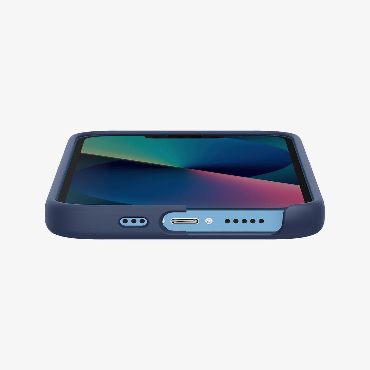 ACS03341 - iPhone 13 Mini Case Silicone Fit in navy blue showing the bottom and partial front