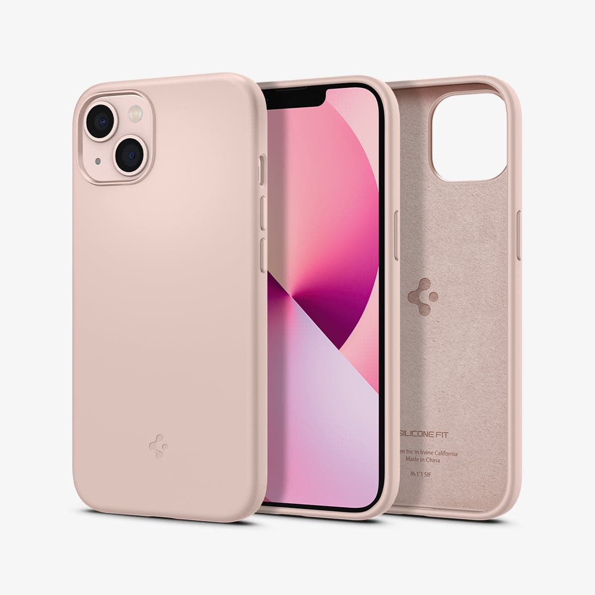 ACS03900 - iPhone 13 Mini Case Silicone Fit in pink showing the back, front and inside