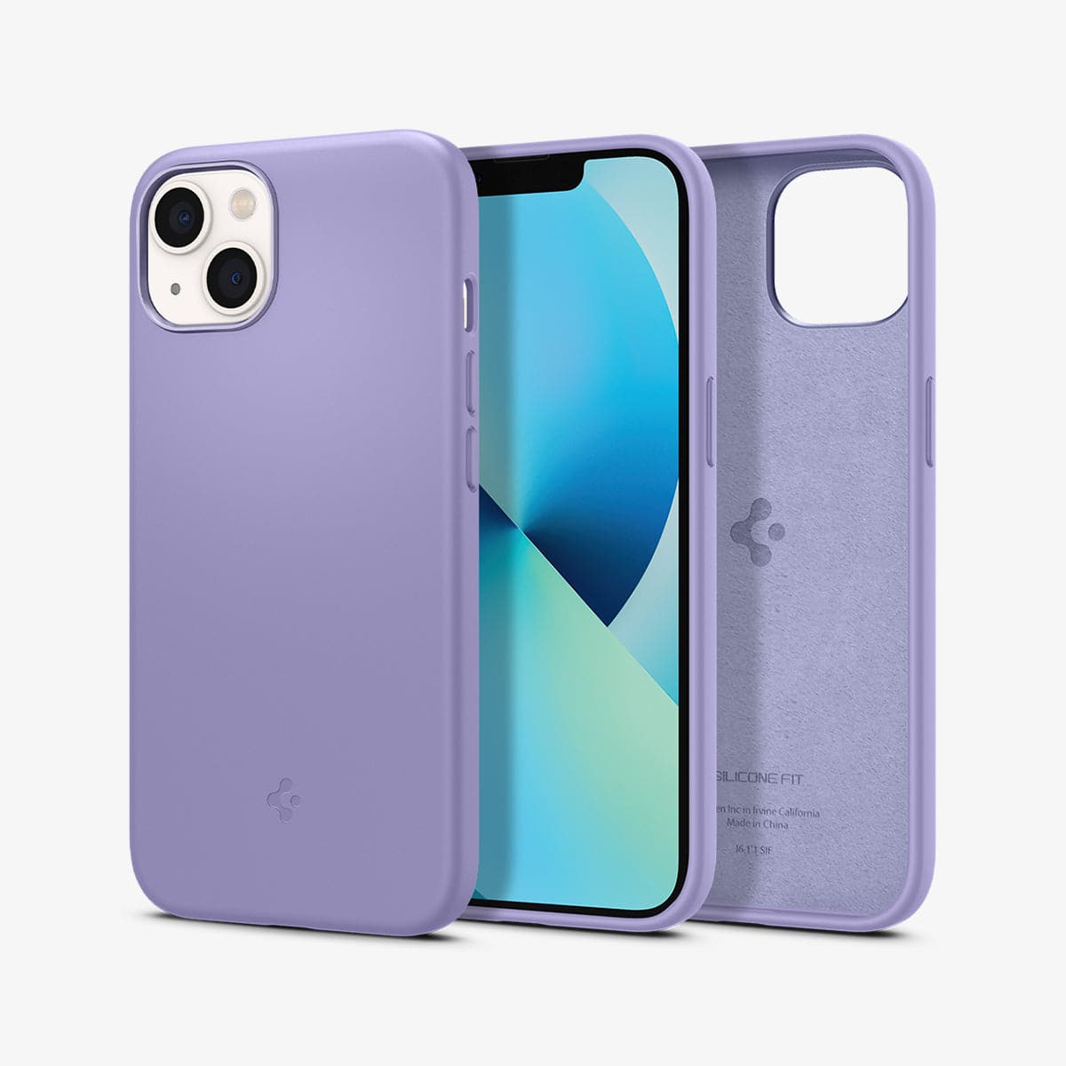 ACS03342 - iPhone 13 Mini Case Silicone Fit in iris purple showing the back, front and inside
