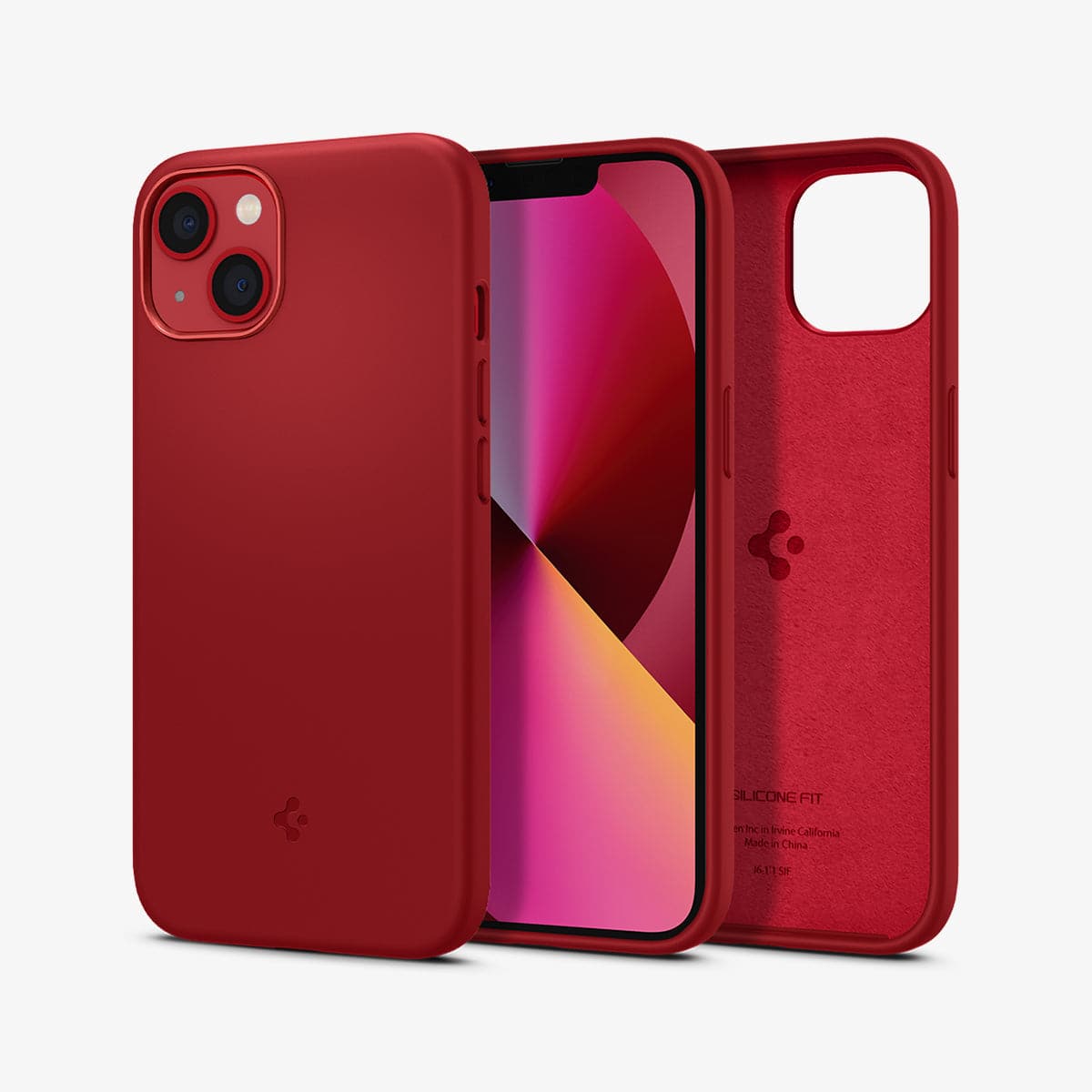 ACS03901 - iPhone 13 Mini Case Silicone Fit in red showing the back, front and inside