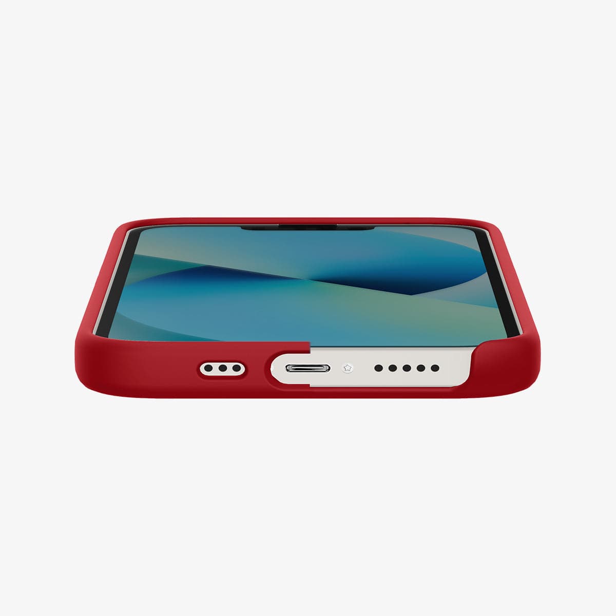 ACS03901 - iPhone 13 Mini Case Silicone Fit in red showing the bottom with partial front