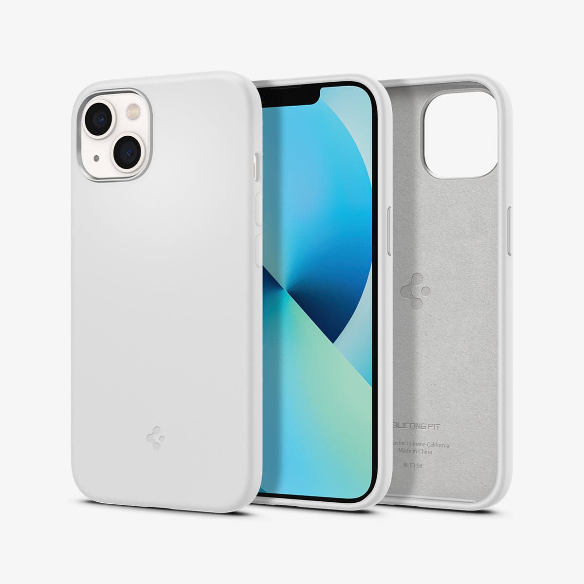 ACS03340 - iPhone 13 Mini Case Silicone Fit in white showing the back, front and inside