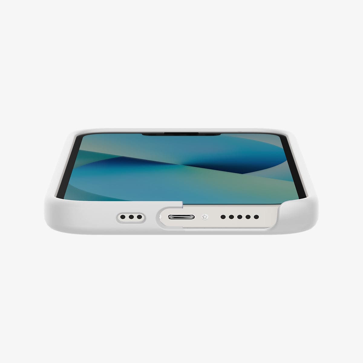 ACS03340 - iPhone 13 Mini Case Silicone Fit in white showing the bottom and partial front