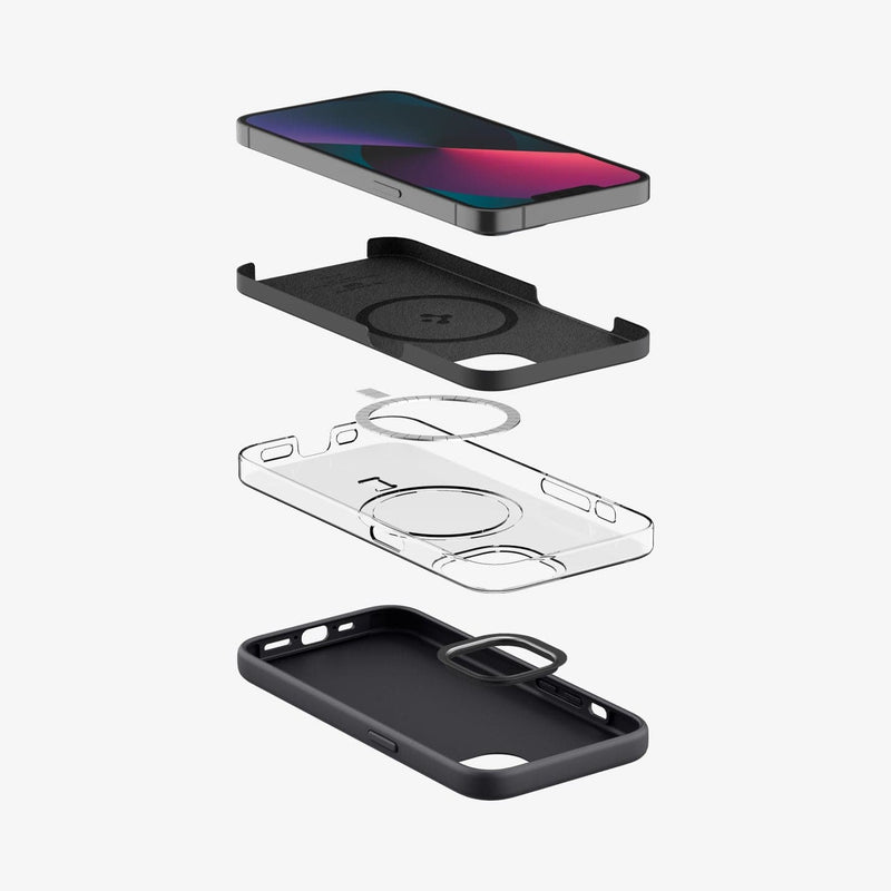 ACS04089 - iPhone 13 Case Silicone Fit MagSafe Compatible in black showing the multiple layers of case