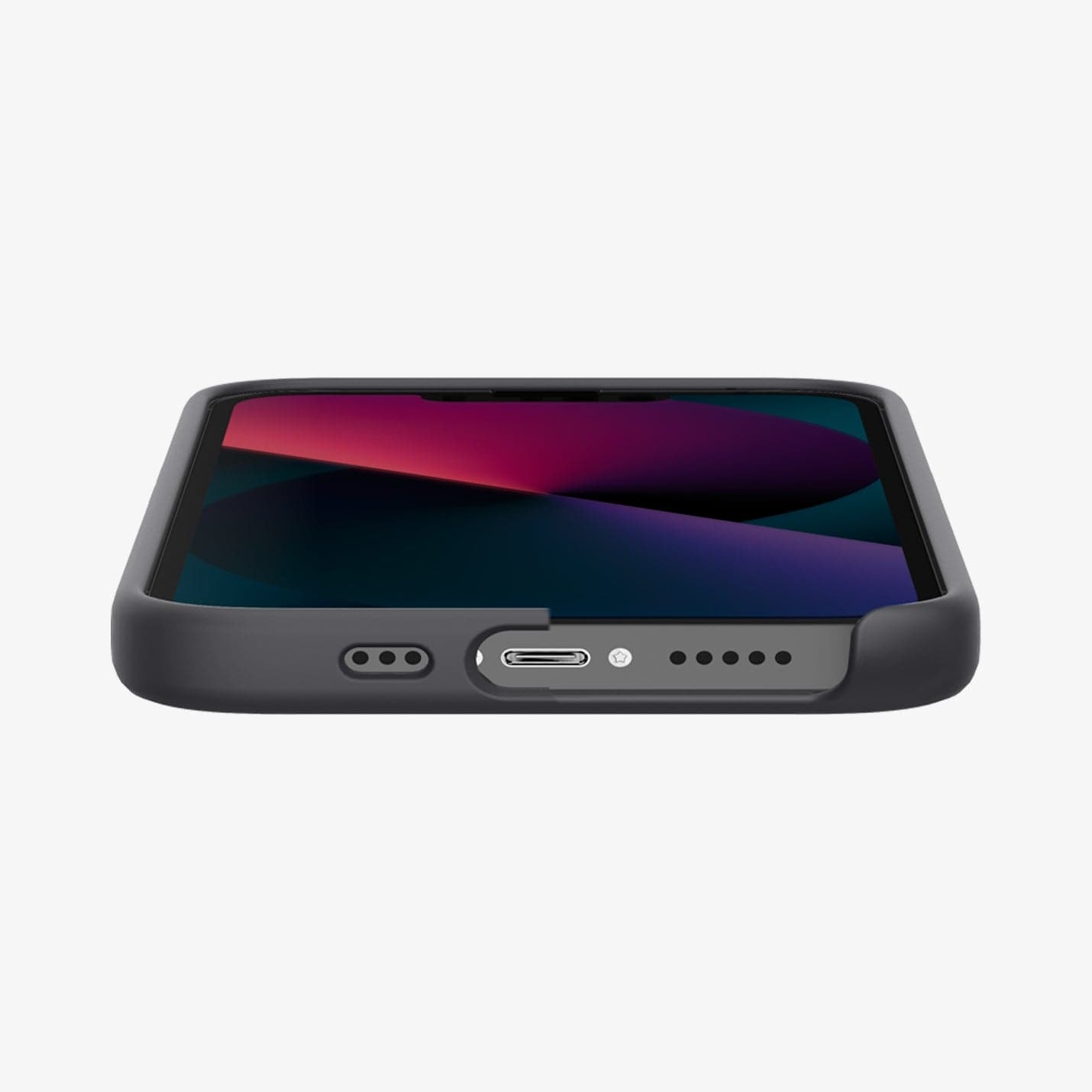 ACS04089 - iPhone 13 Case Silicone Fit MagSafe Compatible in black showing the bottom and partial front