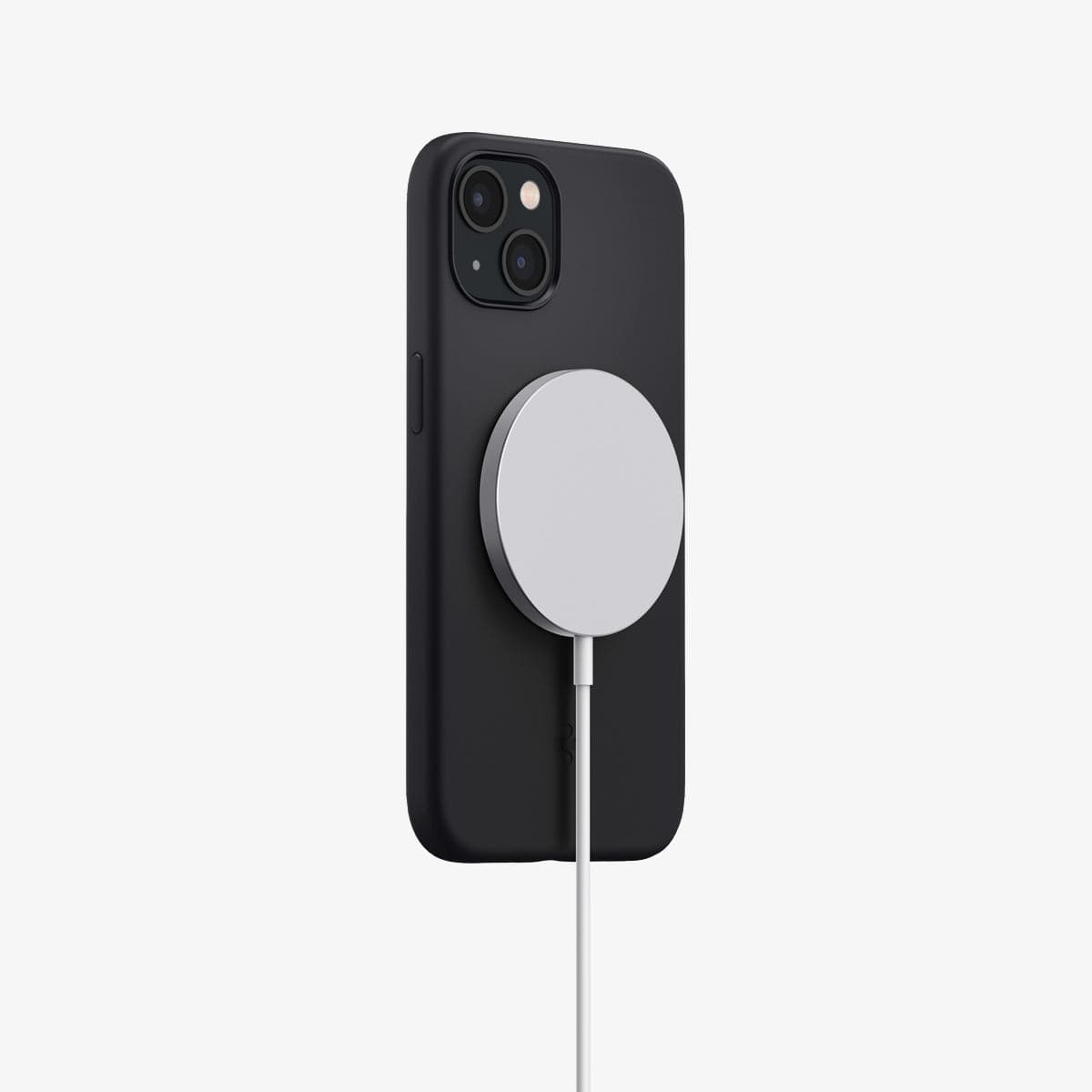 ACS04089 - iPhone 13 Case Silicone Fit MagSafe Compatible in black showing the back and partial side with mag charger connected