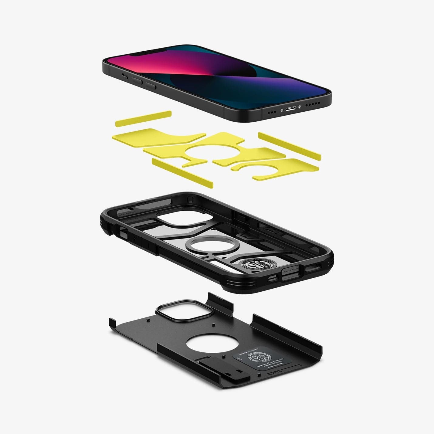 ACS03331 - iPhone 13 Mini Case Tough Armor in black showing the hard pc layer, flexible tpu layer, impact foam and device
