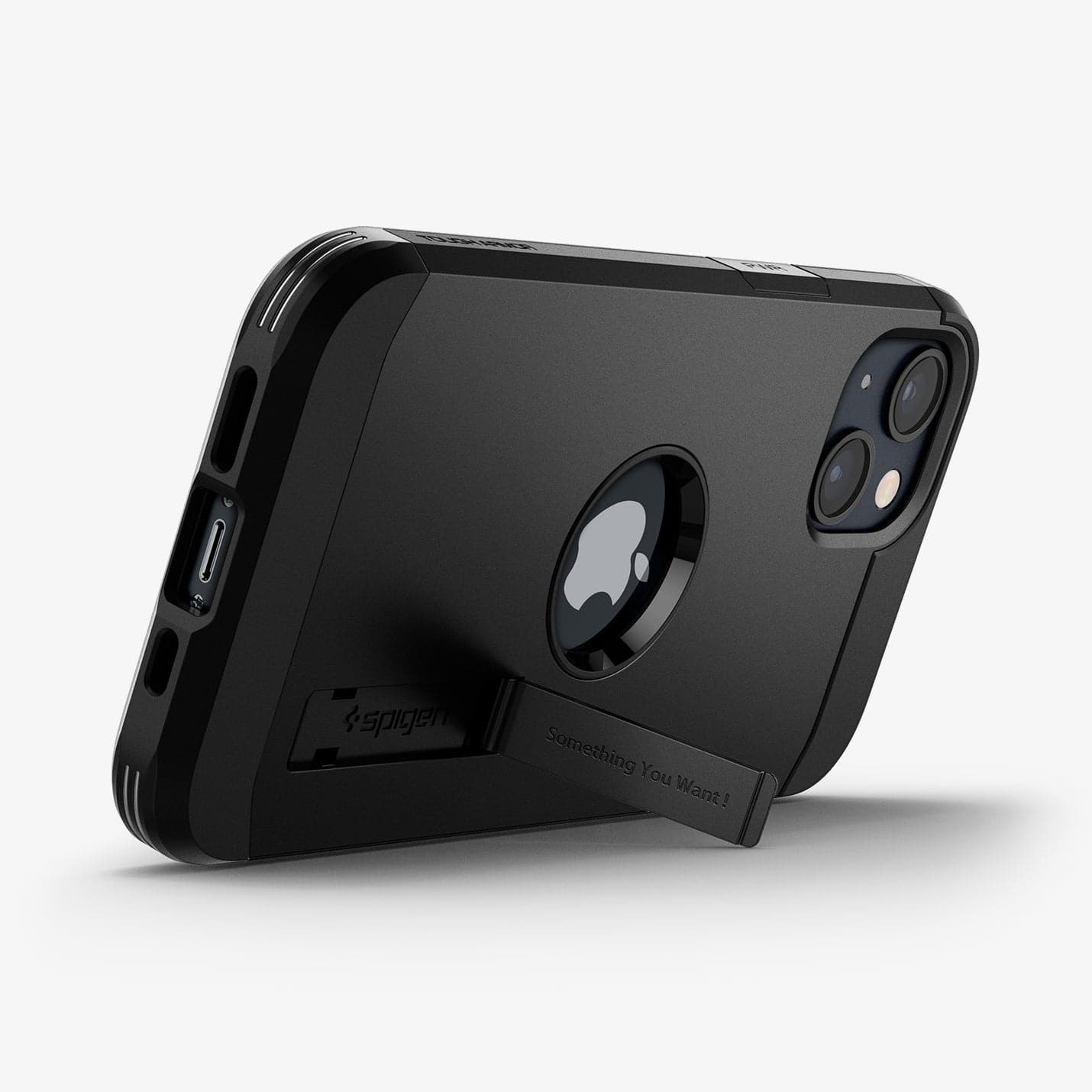 ACS03331 - iPhone 13 Mini Case Tough Armor in black showing the bottom and back with kickstand out