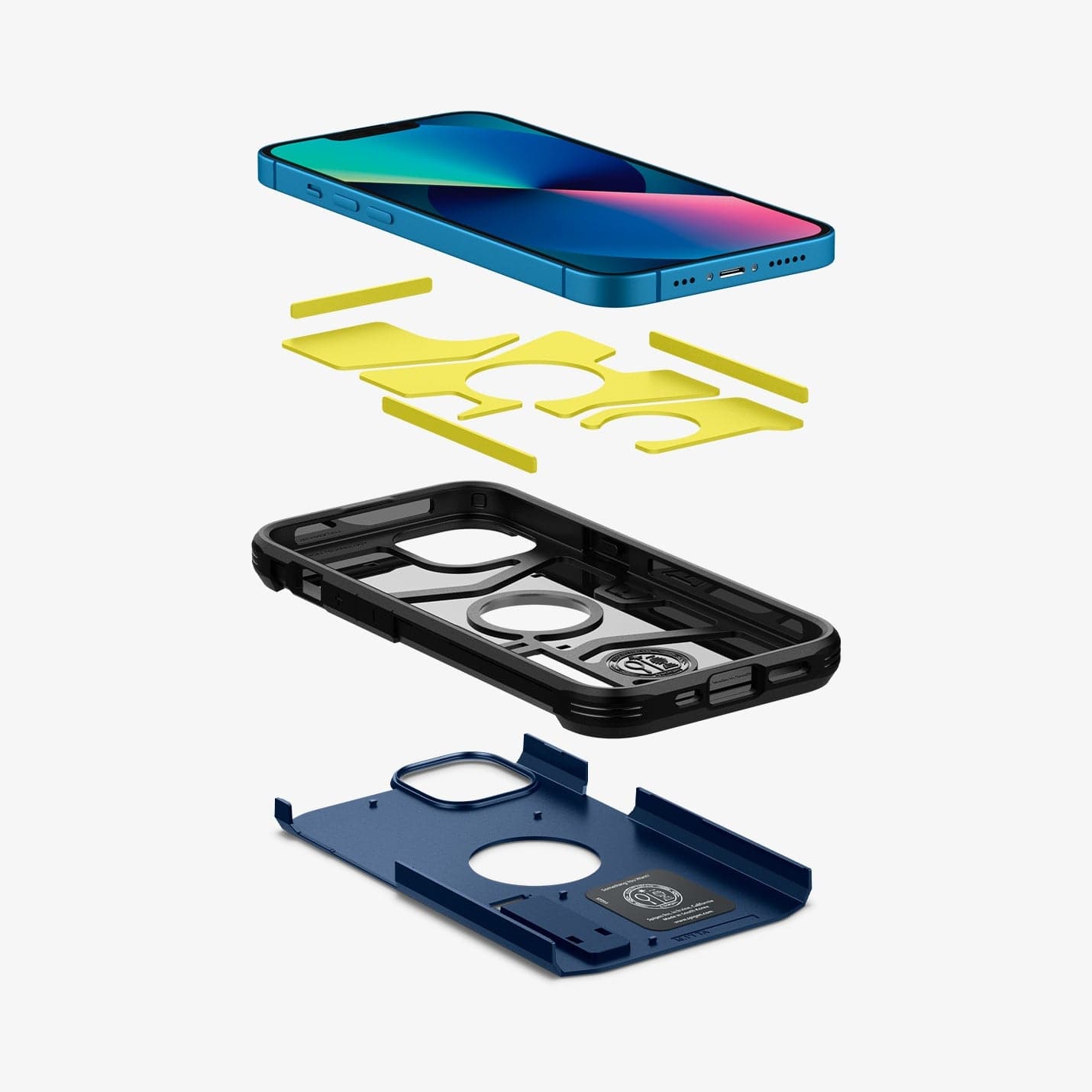 ACS03333 - iPhone 13 Mini Case Tough Armor in navy blue showing the hard pc layer, flexible tpu layer, impact foam and device