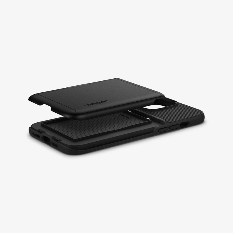 ACS03218 - iPhone 13 Pro Max Case Slim Armor CS in black showing the side, bottom and back with card slot layer exposed