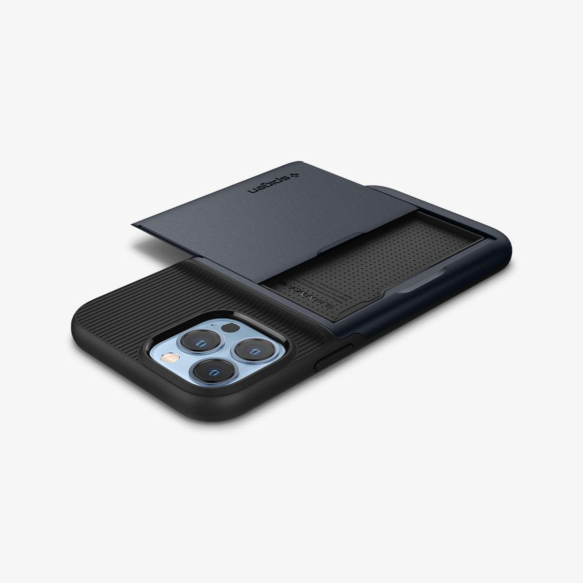 ACS03220 - iPhone 13 Pro Max Case Slim Armor CS in metal slate showing the back, side and top with card slot open