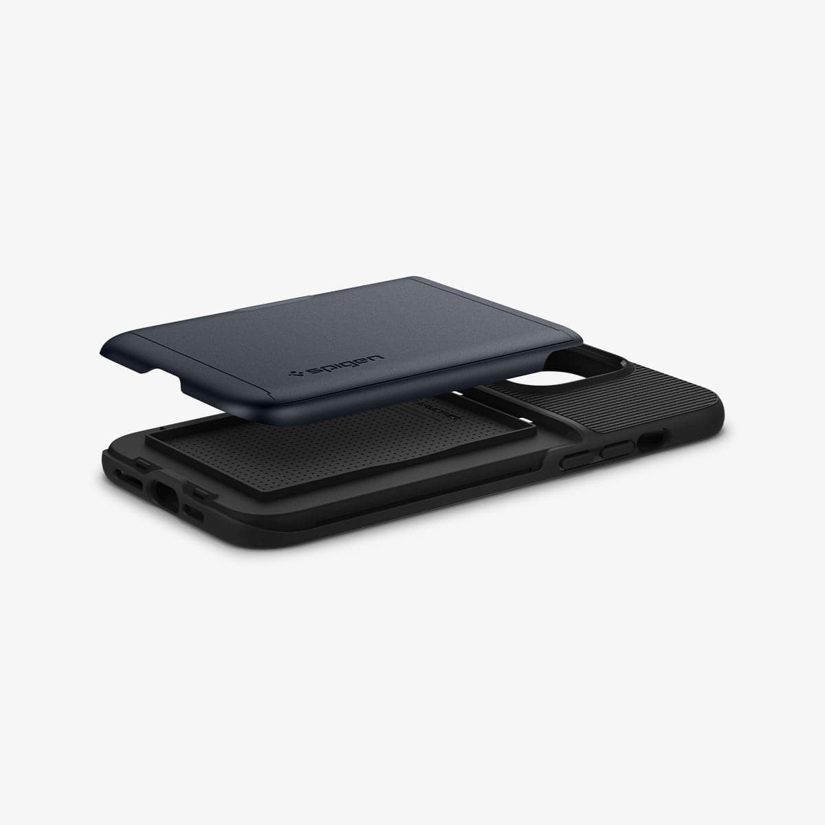 ACS03220 - iPhone 13 Pro Max Case Slim Armor CS in metal slate showing the side, bottom and back with card slot layer exposed