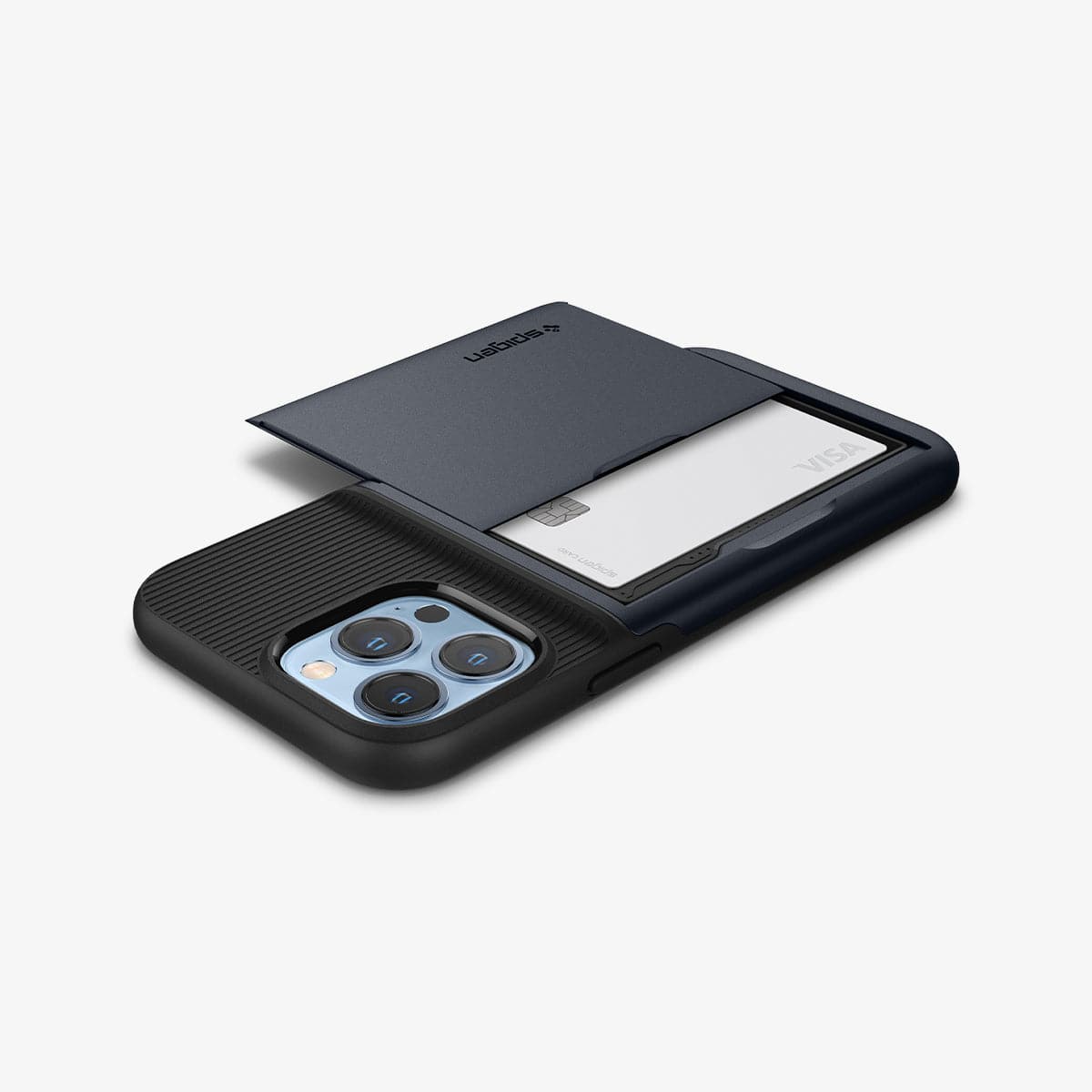 ACS03220 - iPhone 13 Pro Max Case Slim Armor CS in metal slate showing the back, side and top with card in slot