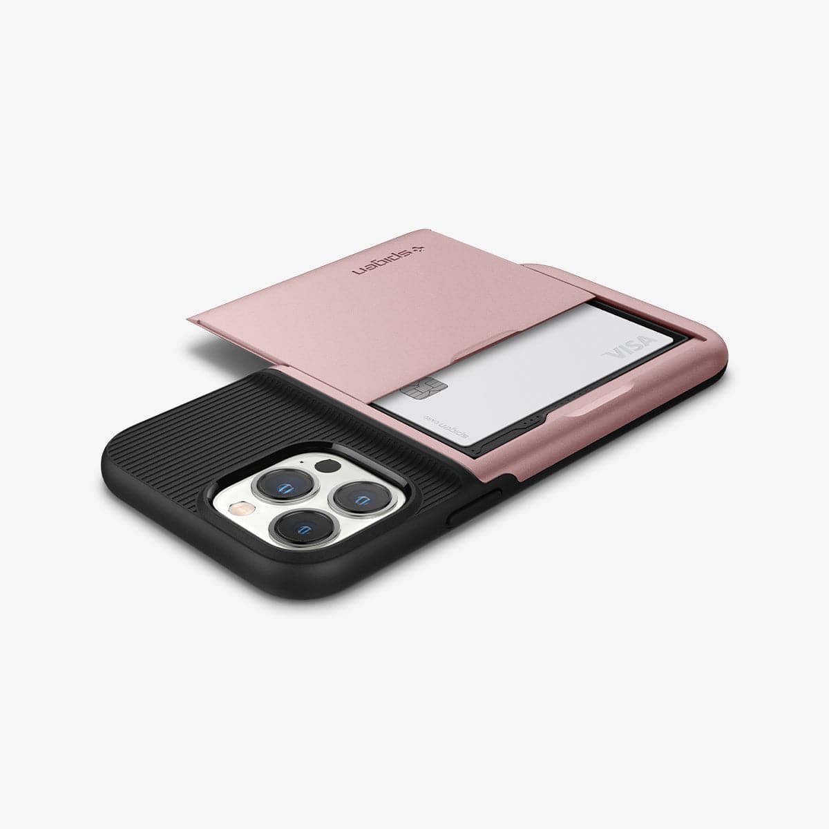 ACS03219 - iPhone 13 Pro Max Case Slim Armor CS in rose gold showing the back, side and top with card in slot