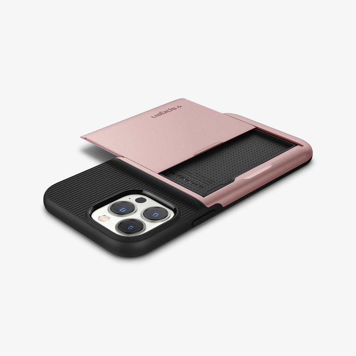 ACS03219 - iPhone 13 Pro Max Case Slim Armor CS in rose gold showing the back, side and top with card slot open