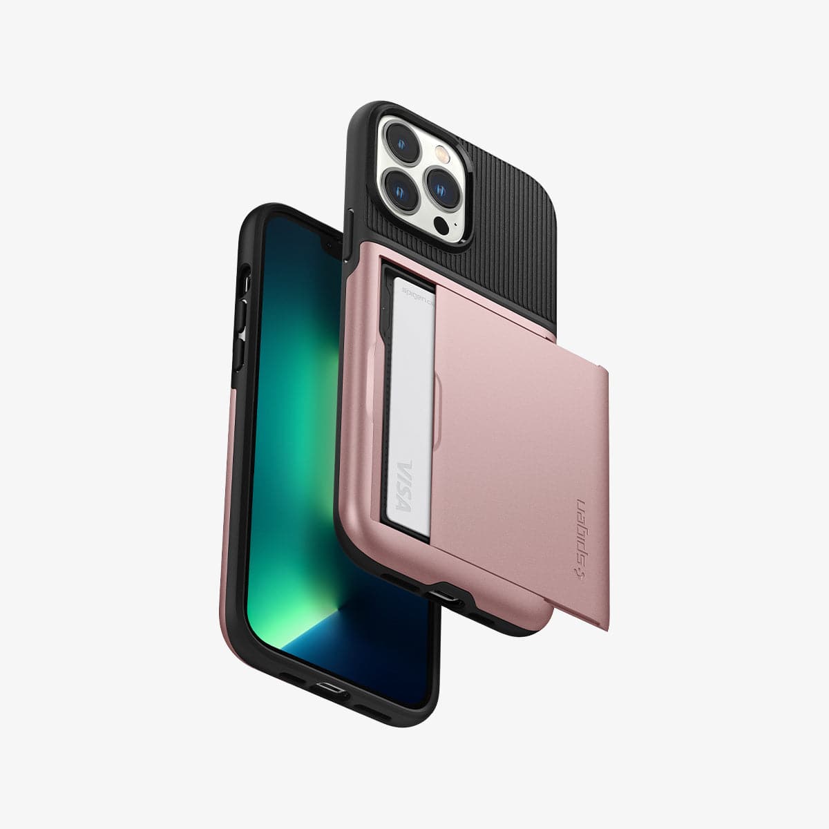ACS03219 - iPhone 13 Pro Max Case Slim Armor CS in rose gold showing the back, front and sides with card in slot