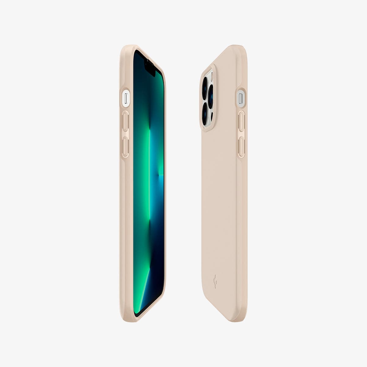 ACS03195 - iPhone 13 Pro Max Case Thin Fit in sand beige showing the sides, partial back and front