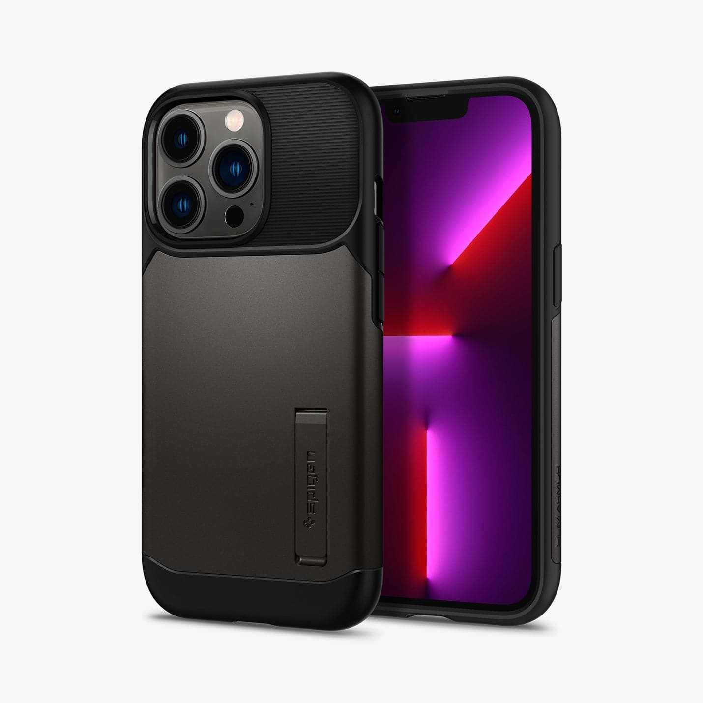 ACS03303 - iPhone 13 Pro Case Slim Armor in gunmetal showing the back and front
