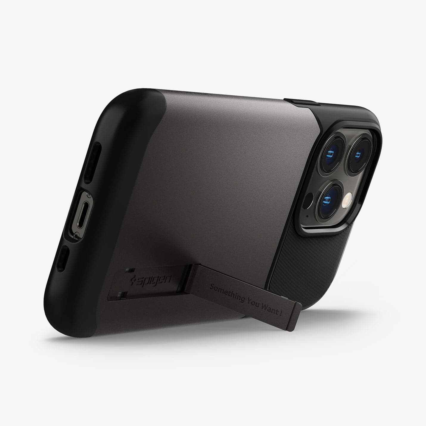 ACS03303 - iPhone 13 Pro Case Slim Armor in gunmetal showing the bottom and back with kickstand out