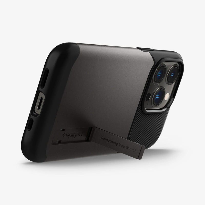 ACS03303 - iPhone 13 Pro Case Slim Armor in gunmetal showing the bottom and back with kickstand out