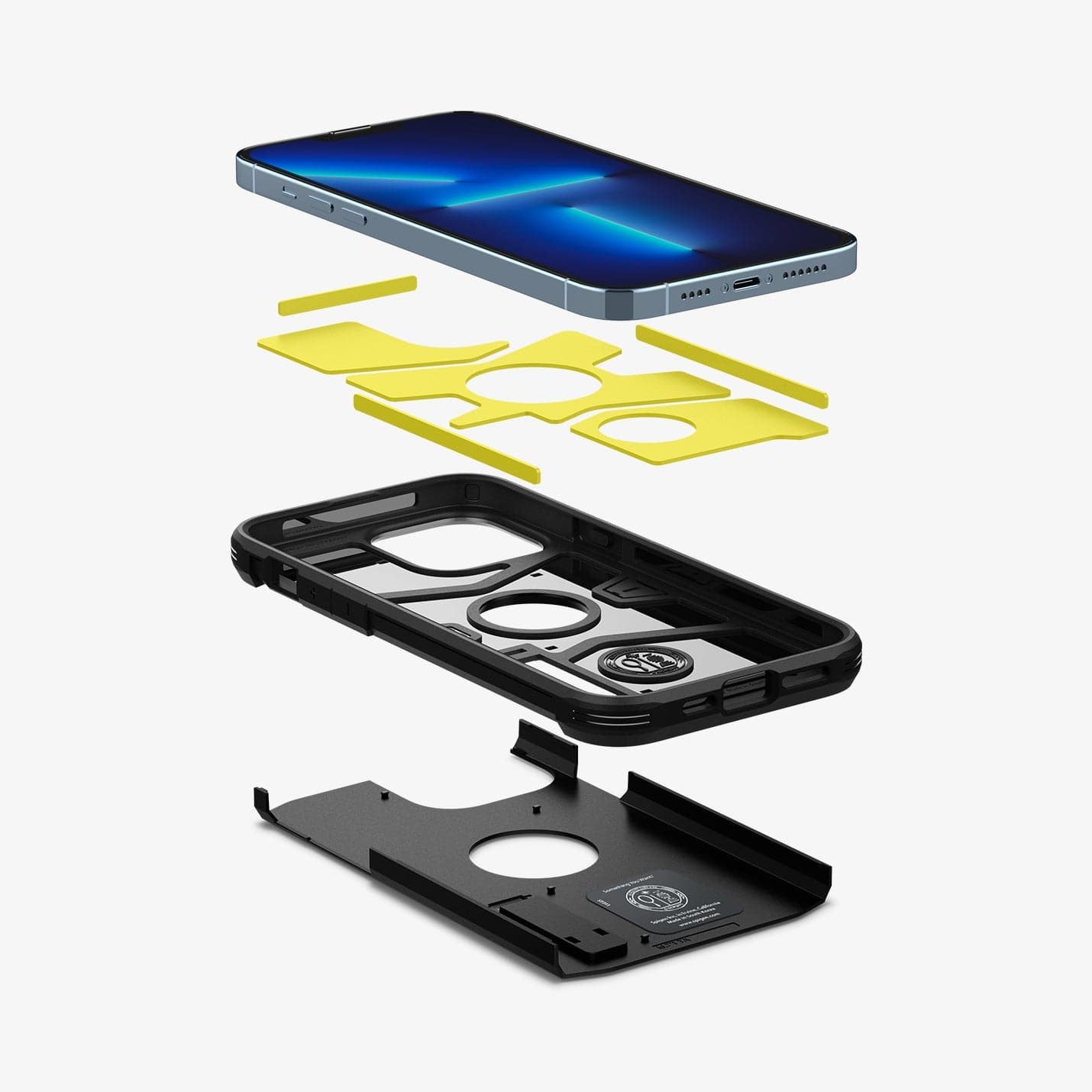 ACS03277 - iPhone 13 Pro Case Tough Armor in black showing the hard PC layer, flexible TPU layer, impact foam and device