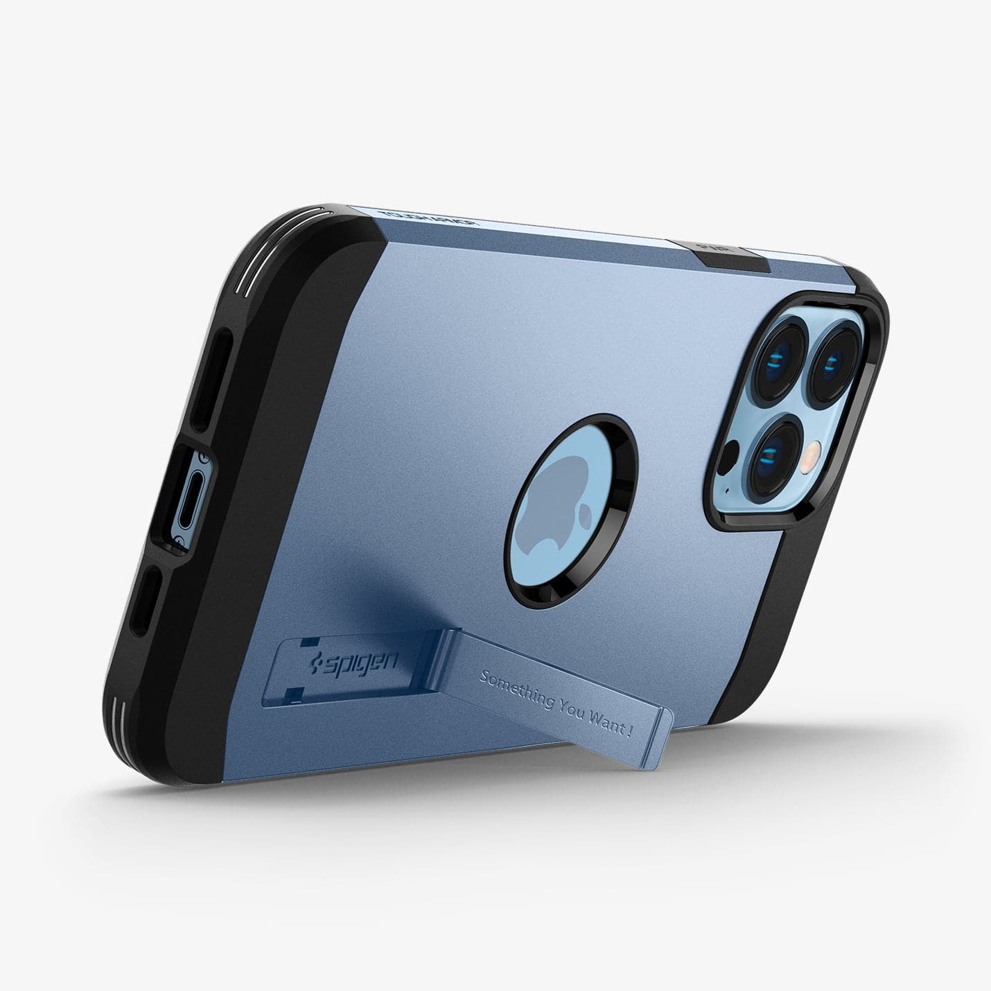 ACS03839 - iPhone 13 Pro Case Tough Armor in sierra blue showing the bottom and back with kickstand out