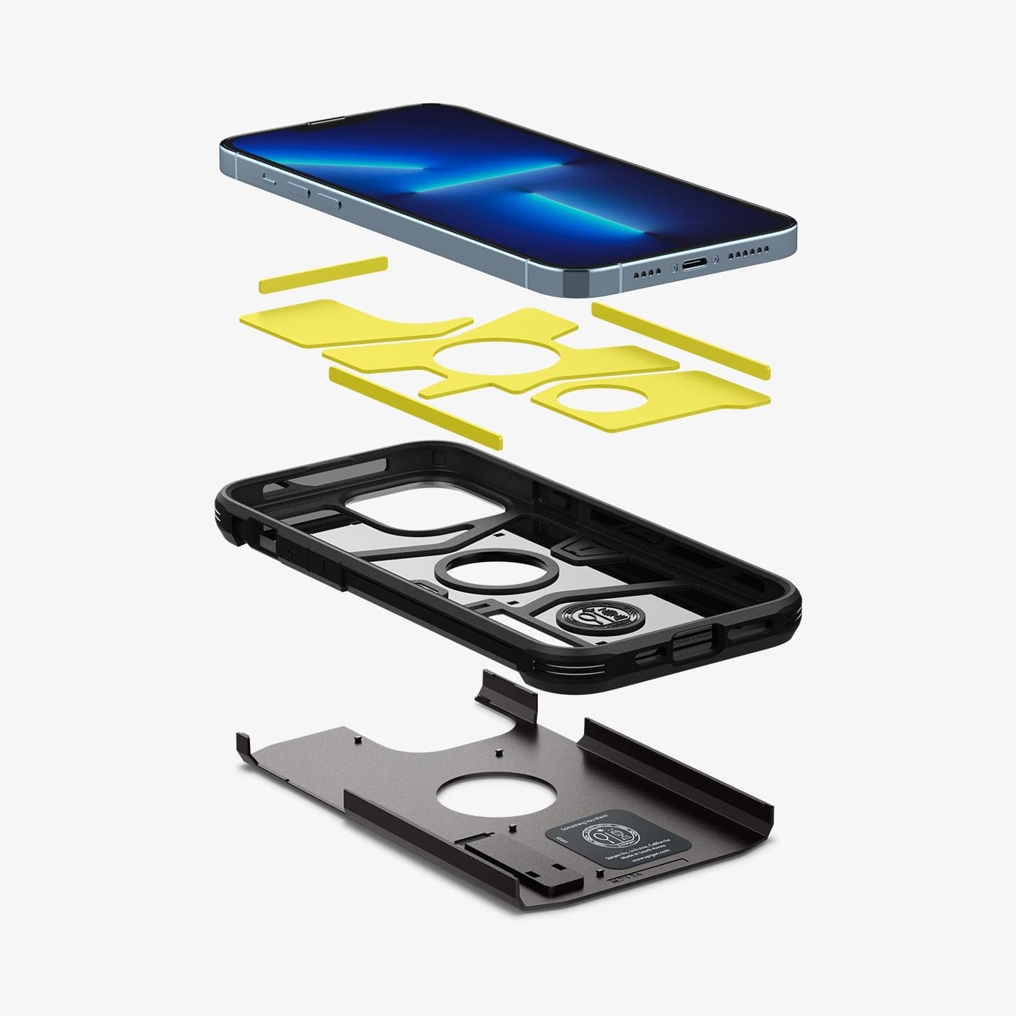 ACS03276 - iPhone 13 Pro Case Tough Armor in gunmetal showing the hard PC layer, flexible TPU layer, impact foam and device