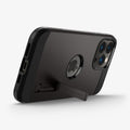 ACS03276 - iPhone 13 Pro Case Tough Armor in gunmetal showing the bottom and back with kickstand out