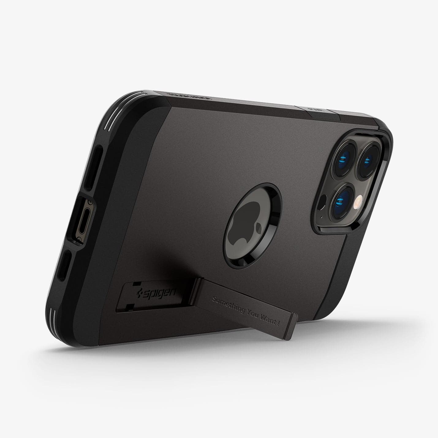 ACS03276 - iPhone 13 Pro Case Tough Armor in gunmetal showing the bottom and back with kickstand out