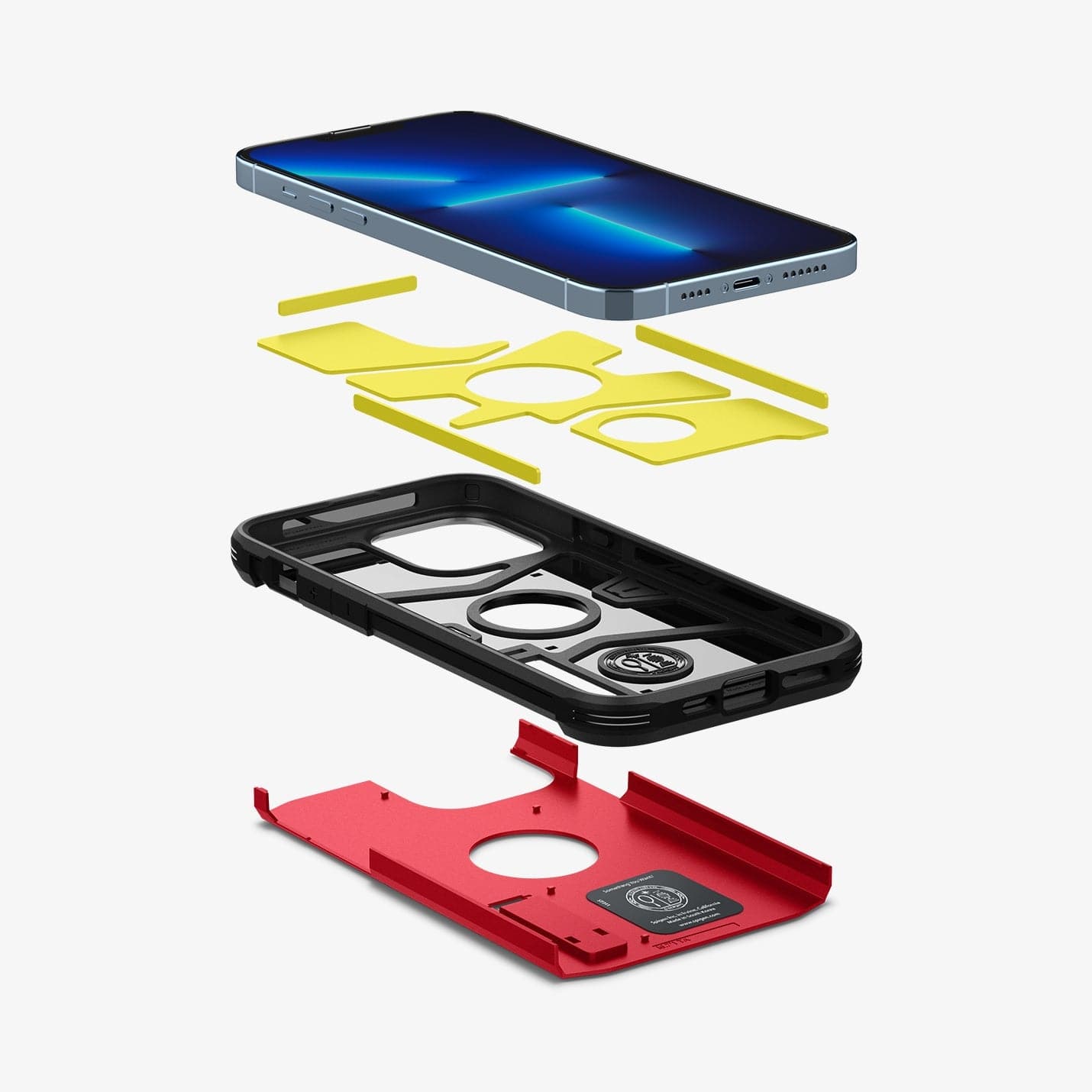 ACS03278 - iPhone 13 Pro Case Tough Armor in red showing the hard PC layer, flexible TPU layer, impact foam and device