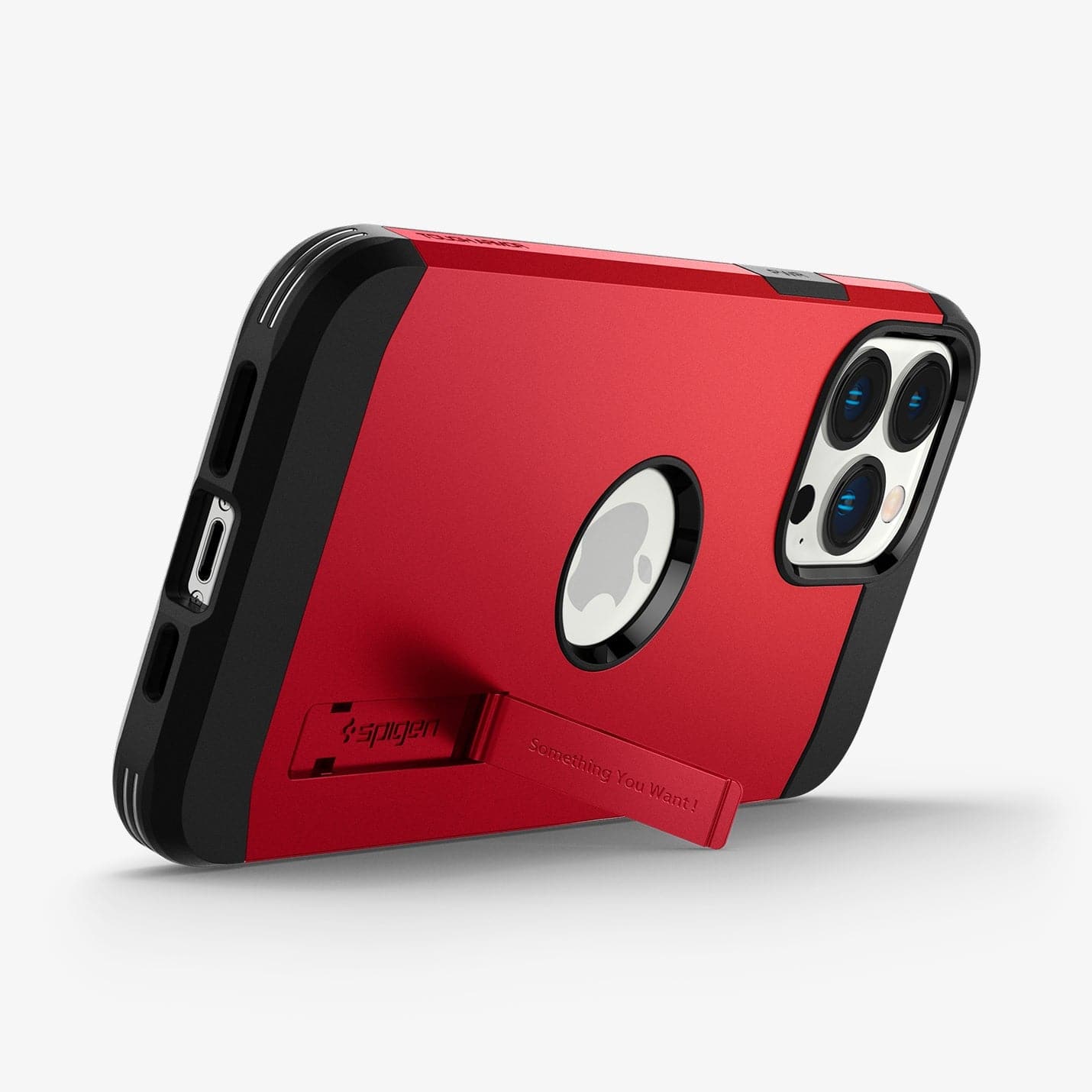 ACS03278 - iPhone 13 Pro Case Tough Armor in red showing the bottom and back with kickstand out