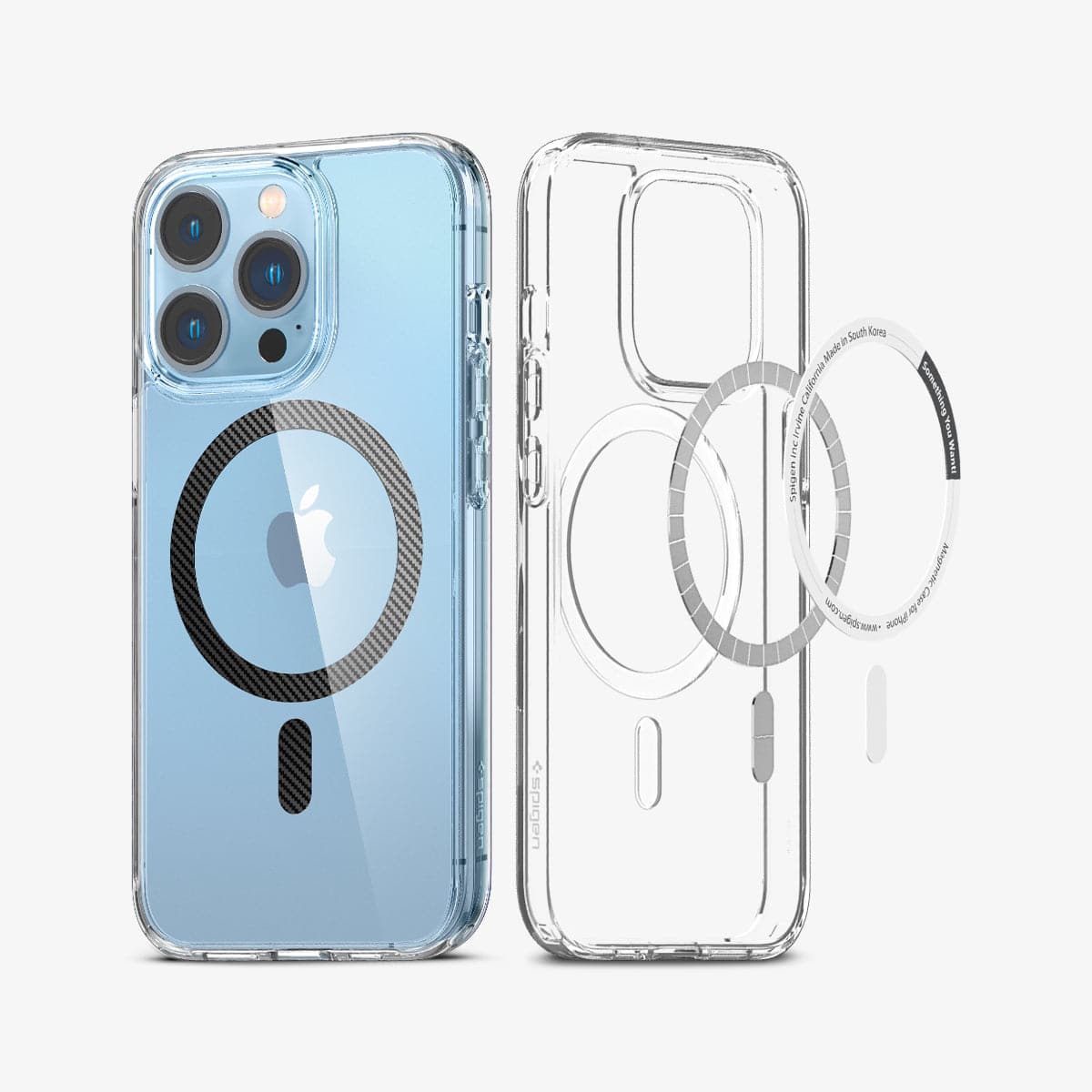 ACS04085 - iPhone 13 Pro Case Ultra Hybrid Mag (MagFit) in carbon fiber showing the back and inside magnetic ring layers