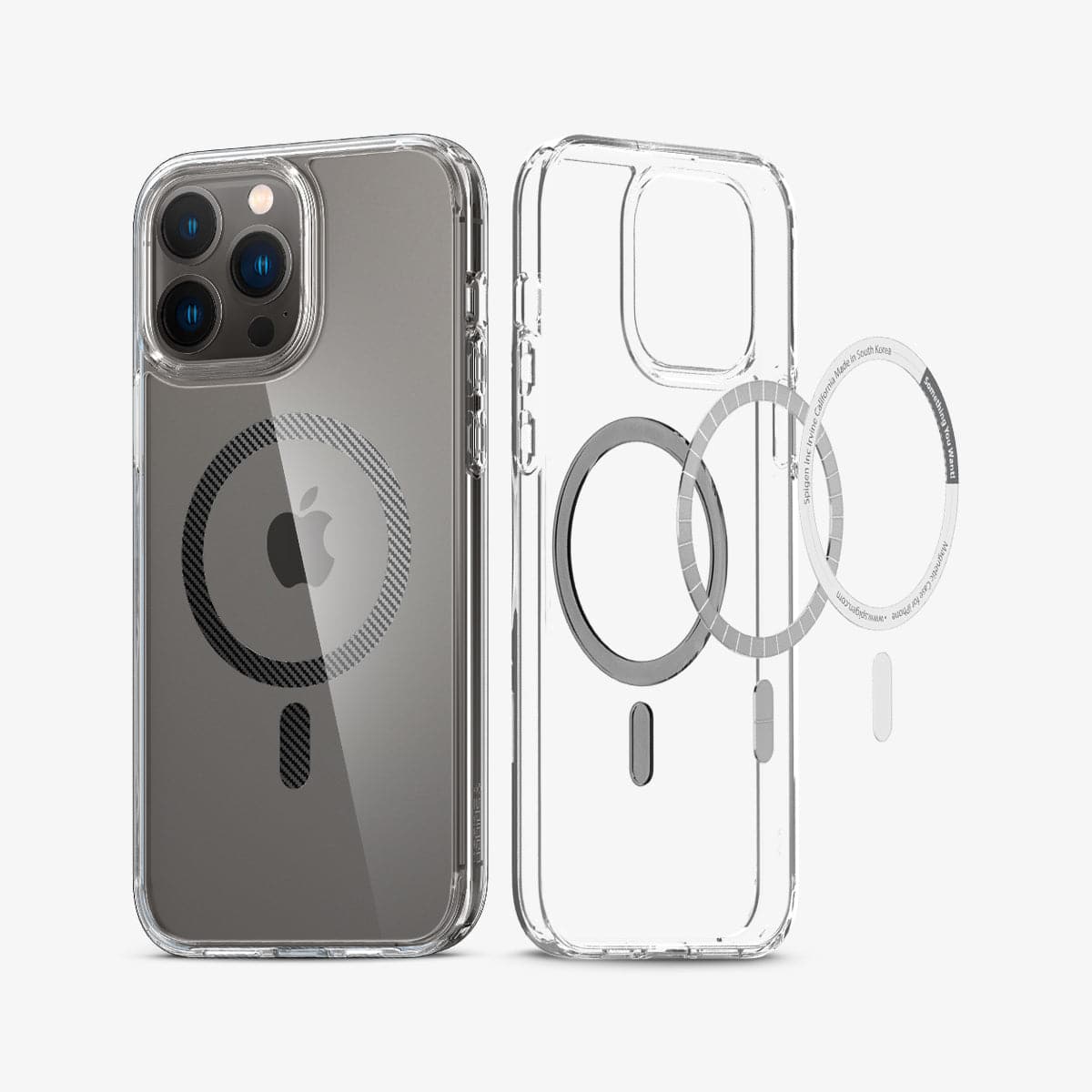 ACS04084 - iPhone 13 Pro Max Case Ultra Hybrid Mag (MagFit) in carbon fiber showing the back and inside magnetic ring layers