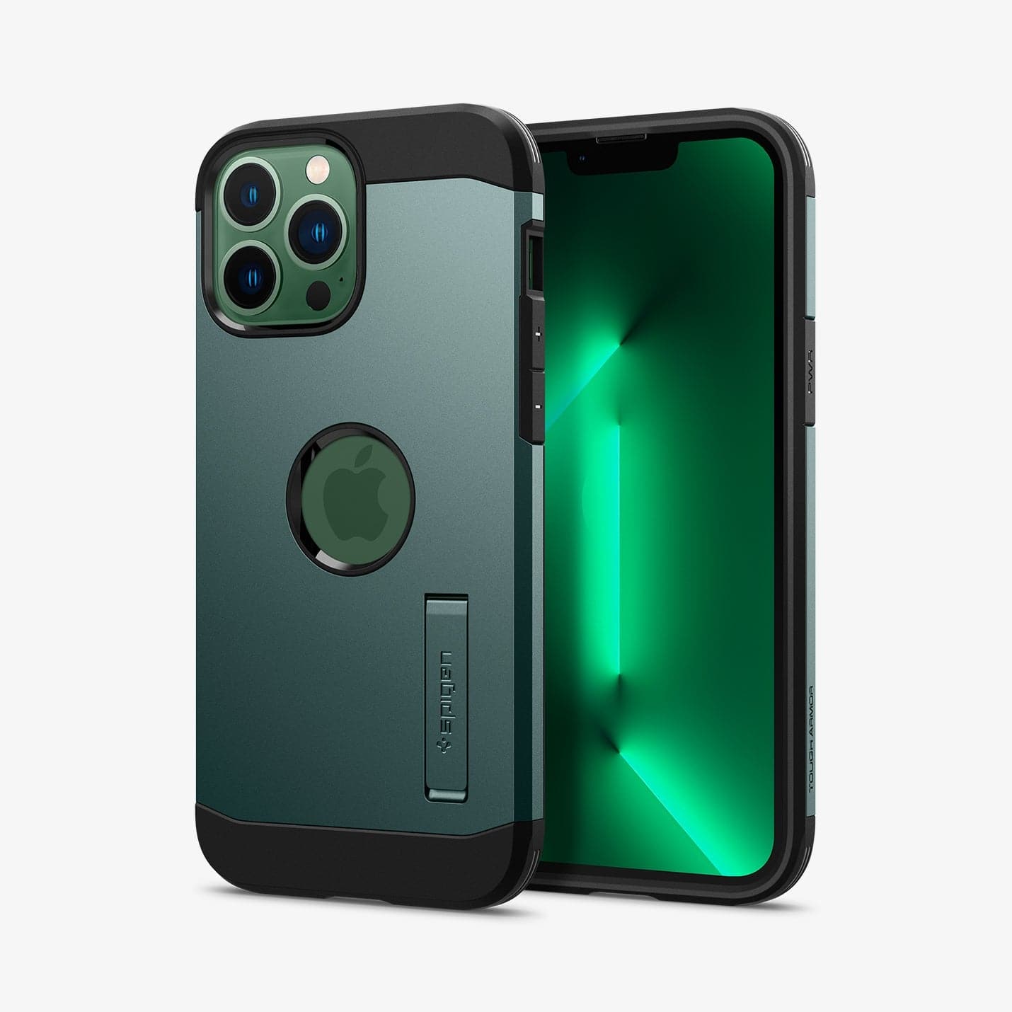 ACS04564 - iPhone 13 Pro Max Case Tough Armor in midnight green showing the back and front
