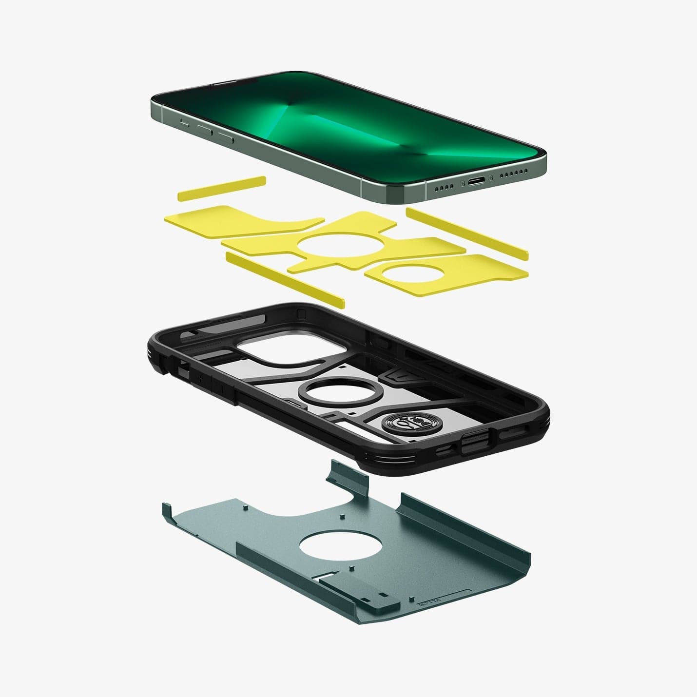 ACS04564 - iPhone 13 Pro Max Case Tough Armor in midnight green showing the hard PC layer, flexible TPU layer, impact foam layer and device