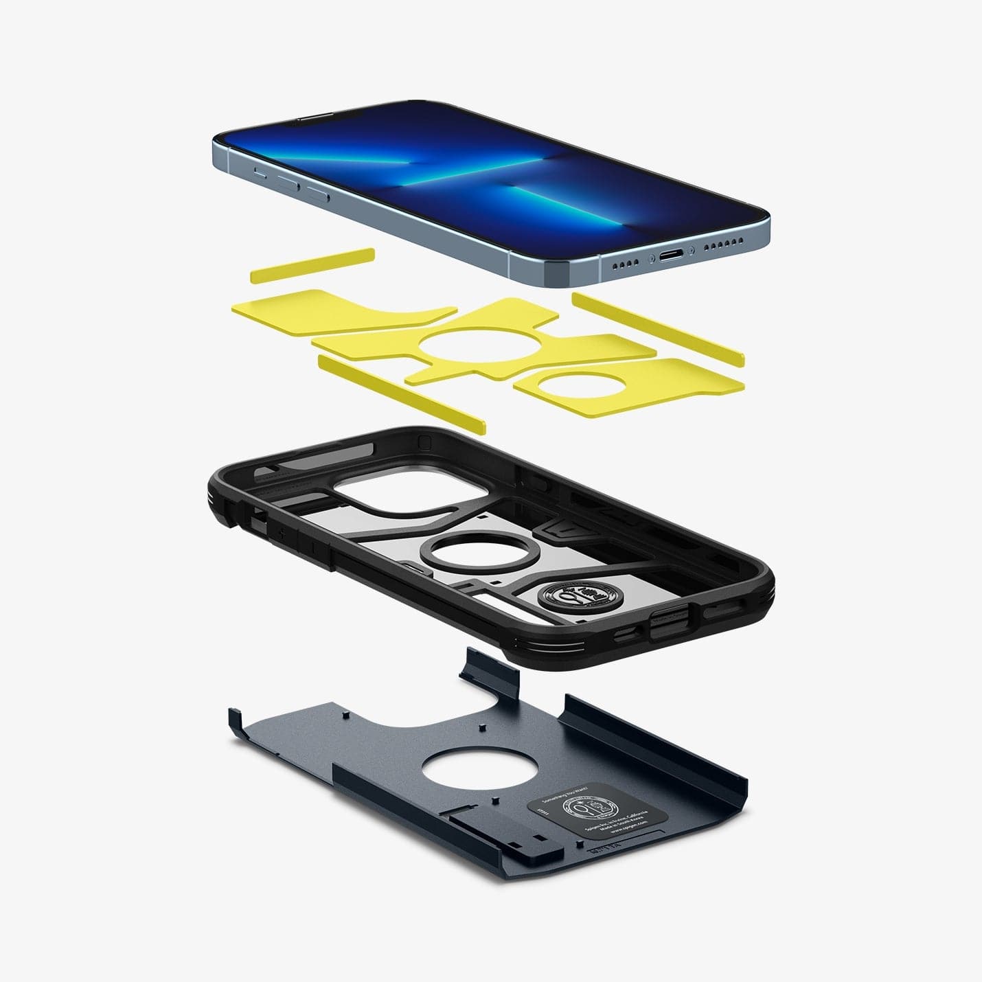 ACS03223 - iPhone 13 Pro Case Tough Armor in metal slate showing the hard PC layer, flexible TPU layer, impact foam and device