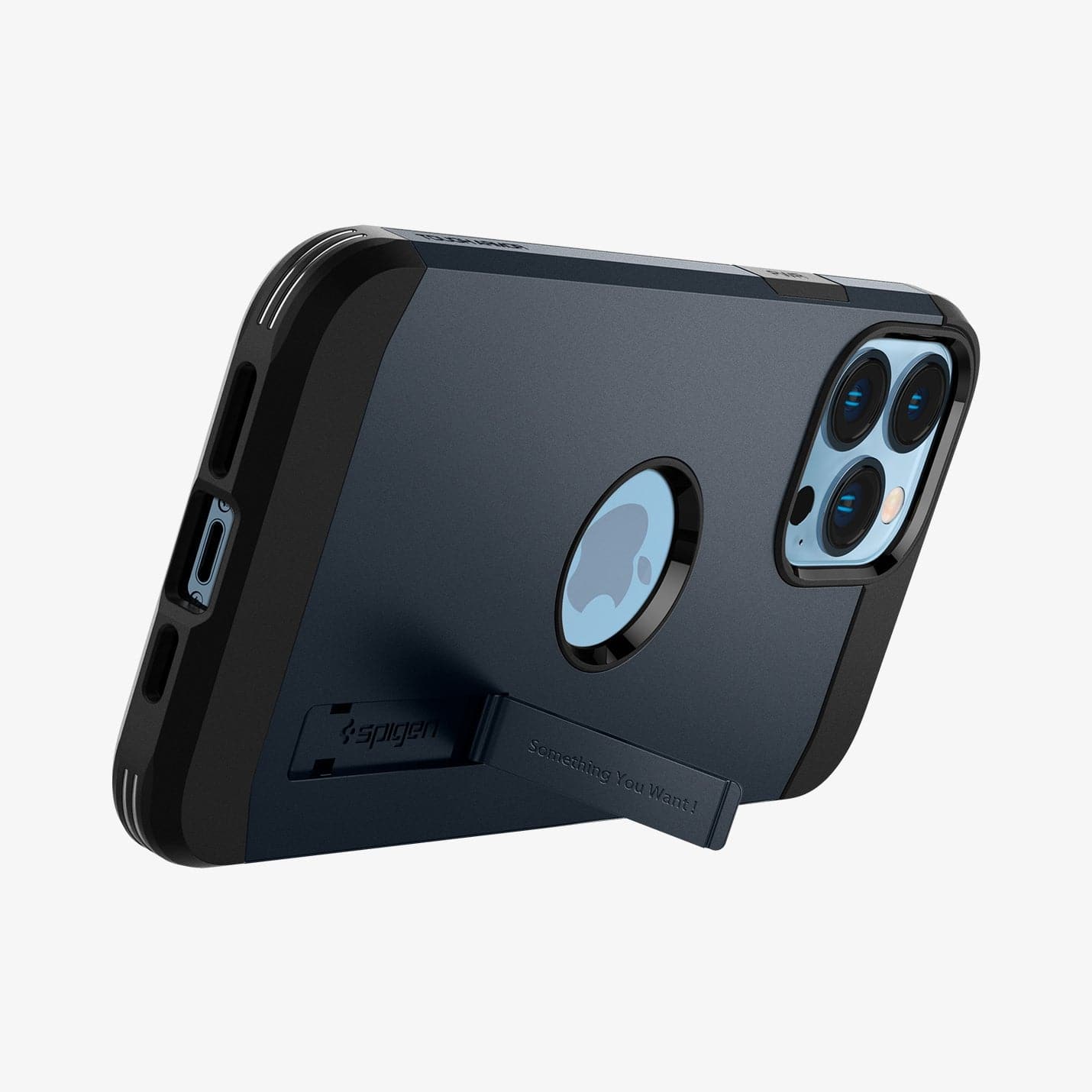 ACS03223 - iPhone 13 Pro Case Tough Armor in metal slate showing the back and bottom with device propped up by built in kickstand